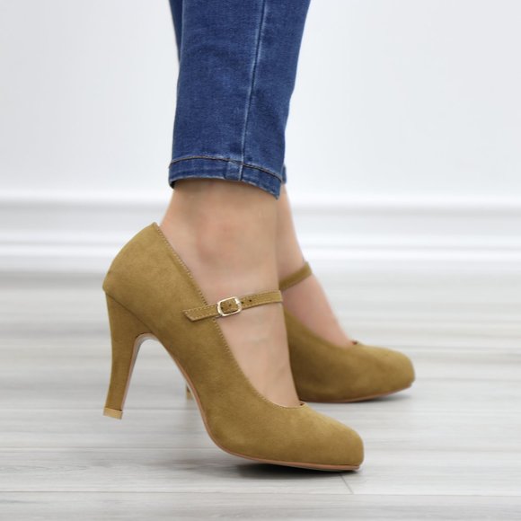 Taupe Suede Low Heel Rockabilly Pumps - Picture 6 of 11